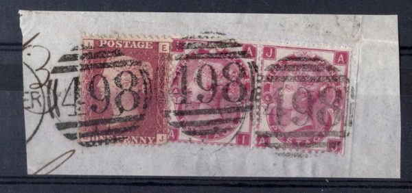 GB 1865 3d rose wmk emblems sg92 fu pair (perf trim at right) fu with 1d plate 7