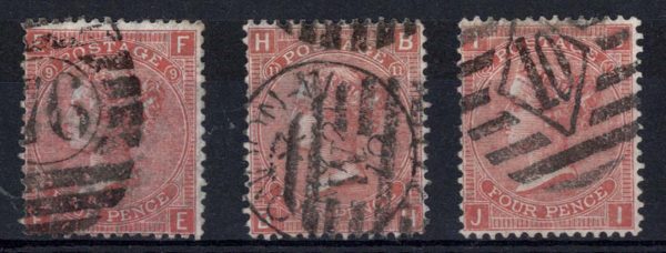 GB 1865 4d vermilion plate 9, 11, 12 gu, odd short perf, etc sg94 c£225