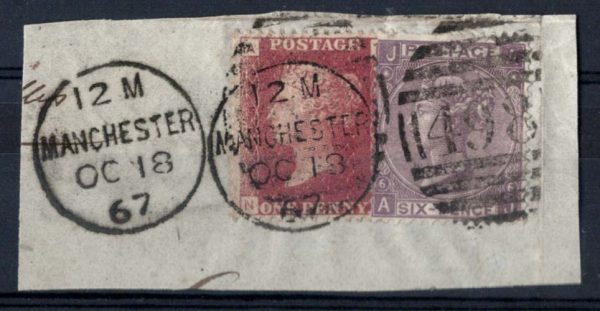 GB 1867 6d lilac wmk spray vgu on piece with 1d plate 95, Manchester duplex sg10