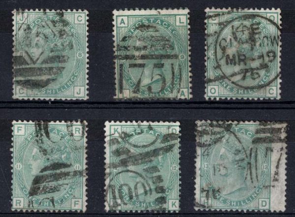 GB 1873 1s green plates 8-13 sg148/50 vgu, odd nibbled perf c£1045