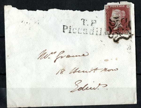 GB 1841 1d red fu, clear '5 in MX', 4 large margins tied large part cover c£180+