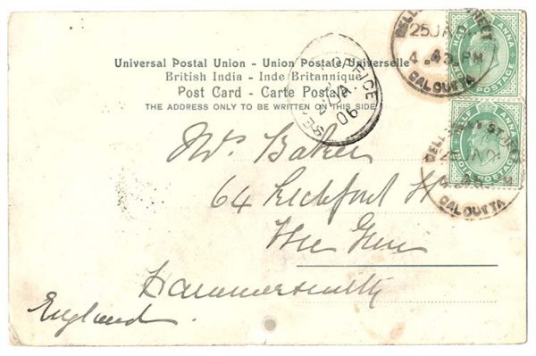 India 1906 Neat PPC to UK franked KE7 2x ½a, Seapost Office cds