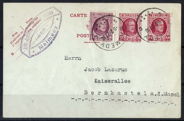 Belgium 1927 Fine 15c + 60c red postal card uprated 15c adhesive to Germany