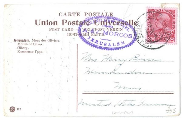 Austrian PO Levant  1910 PPC Jerusalem to USA, fine firm's h/stamp