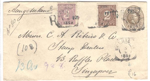 Netherlands Indies 1896 15c postal envelope to Singapore charge 2c + 3c Ned Indies