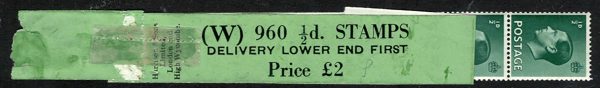 GB 1936 KE8 ½d W960 coil leader in black on pale bright green + 2 stamps
