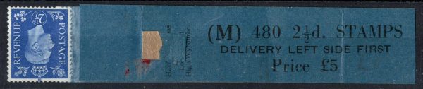 GB 1937 2½d M480 coil leader in black on blue, buff back short of coil number