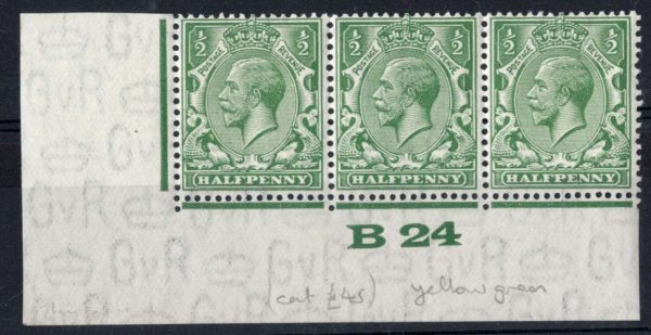 GB 1924 ½d sg418 B24 corner strip of 3 the yellow-green shade Spec N33(6) 1x um