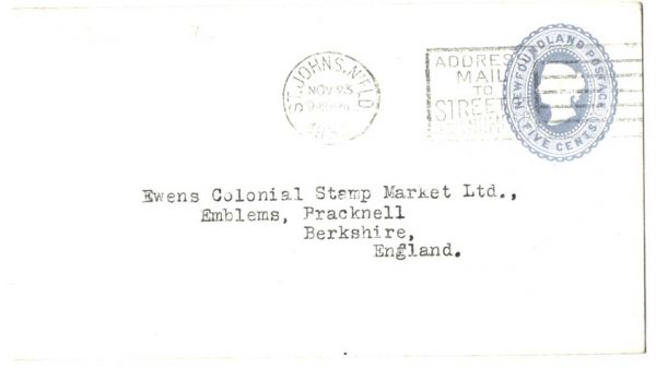 Newfoundland  5c QV postal envelope vfu to UK late usage in 1935