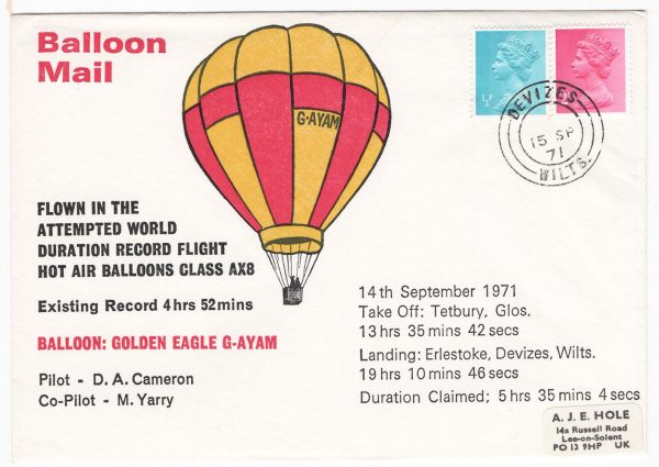 GB 1971 Duration of Flight record breaking illus cover, Devizes 15SP71 cds