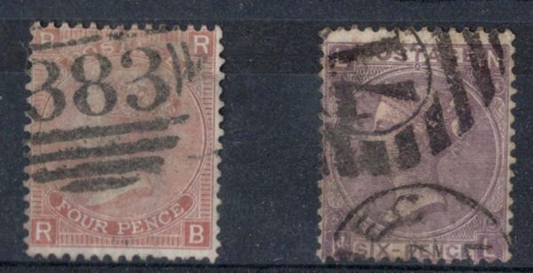 GB 1865 6d plate 5 vgu sg97 c£140, also 4d plate 8 sg94 gu c£90