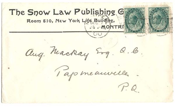 Canada 1900 Snow Law Publishing advertising cover franked pair 1c, Montreal flag
