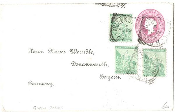 Cape of Good Hope 1899 1d postal envelope to Germany uprated 3x ½ Hope, Queen St