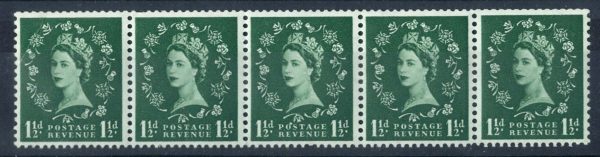 GB 1955 Edward wmk 1½d wmk sideways coils strip of 5 um with spot over O variety