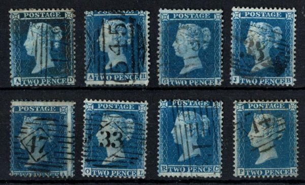 GB 1854 2d plate 5 sg34, 8x fu-vfu incl PK double letter & AD AH GF JB OA OL RC