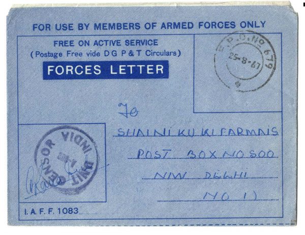 India 1967 Censored Forces air letter IAFF1083 with FPO679 cds 25.8.67