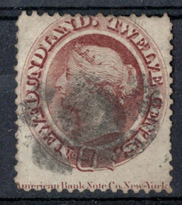 Newfoundland 1865 12c red-brown cream paper sg28 vgu, short perf