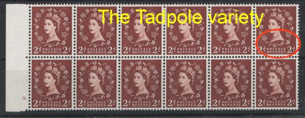 GB 1955 Edward 2d light, the Tadpole variety um cyl 9 dot positional blk of 12