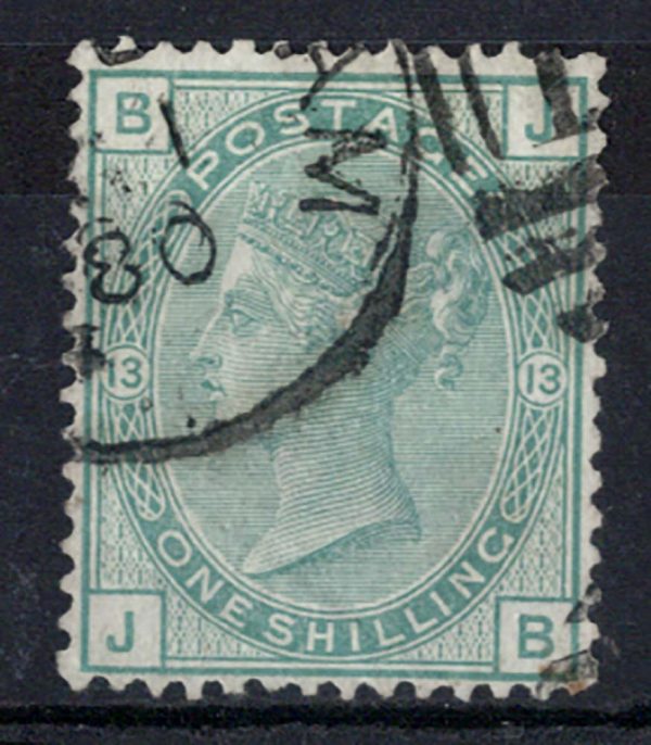 GB 1873 1s green plate 13, vfu neat duplex sg150 c£160