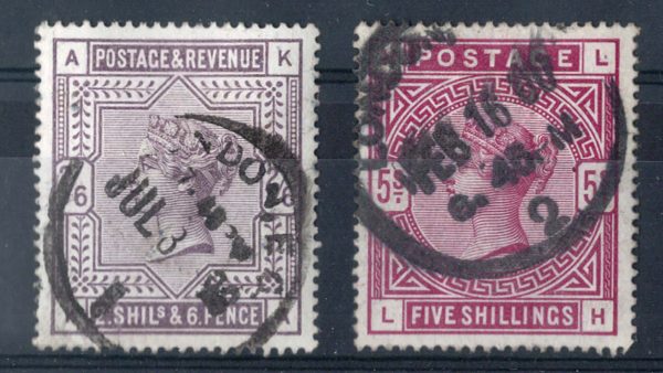 GB 1883 2/6d & 5s sg178, 180 vgu, rubber cds c£410
