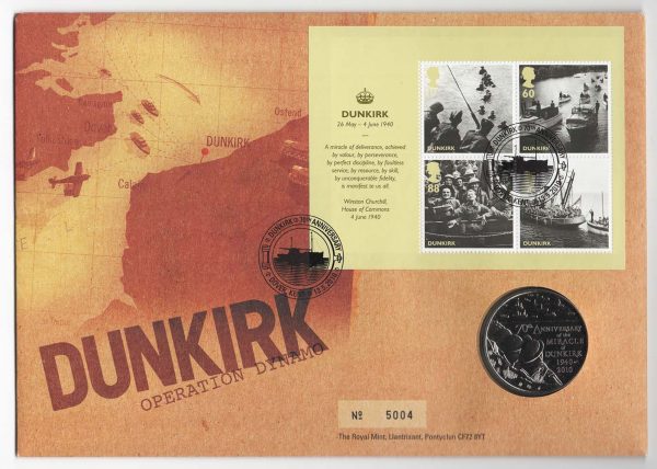 GB 2010 Dunkirk Operation Dynamo R Mint coin cover, pane from prestige book. Dover Sp h/s