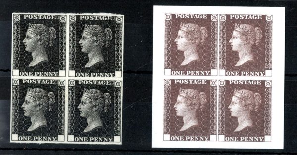 GB 2000 1d black reproduction um blk of 4 (no corner letters) ex Royal Mail pres pack, ditto 1d red