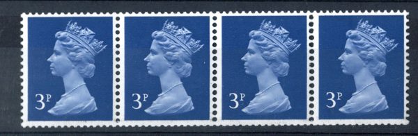 GB 1973 Machin 3p PVAD CB um coil strip of 4, good perfs