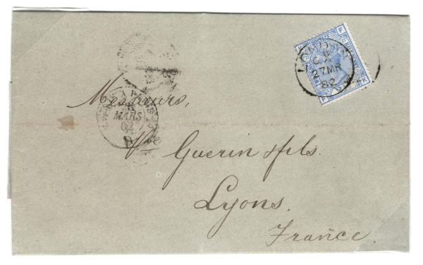 GB 1880 2½d plate 23 sg157 vfu cds on fine cover to Lyons