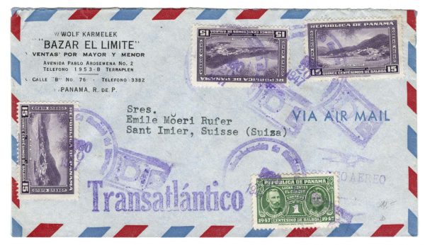 Panama 1947 Neat airmail cover to Switzerland, unusual cancels - see webphoto
