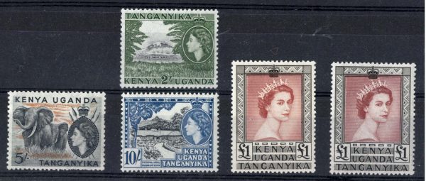 Kenya Uganda Tanganyika 1954 2s, 5s, 10s & both £1 shades um sg177-80a [5] c£203