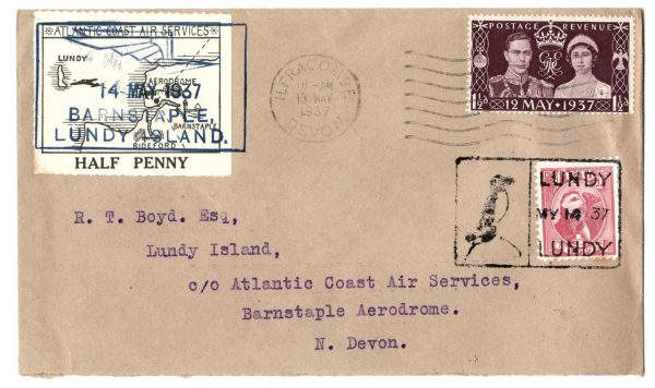 Lundy 1937 Coronation FDC, Ilfracombe 13th May to Lundy Atlantic Coast Air Service