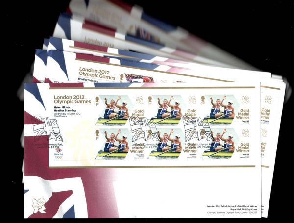 GB 2012 Olympics Gold Medal Winners set of 29 m/sheets on FDCs, v fine unaddressed