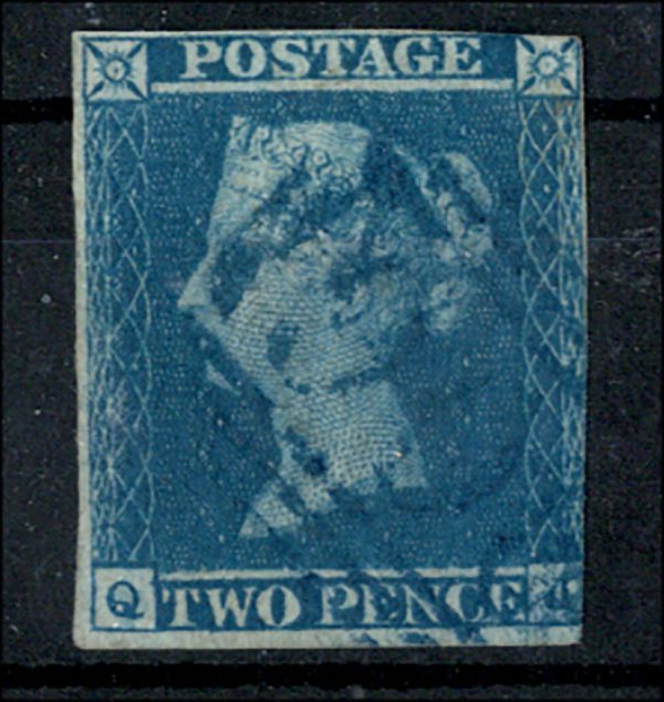 GB 1841 2d blue plate 3 QJ fu 3¼ margins, clearly BLUE 1844 type numeral cancel