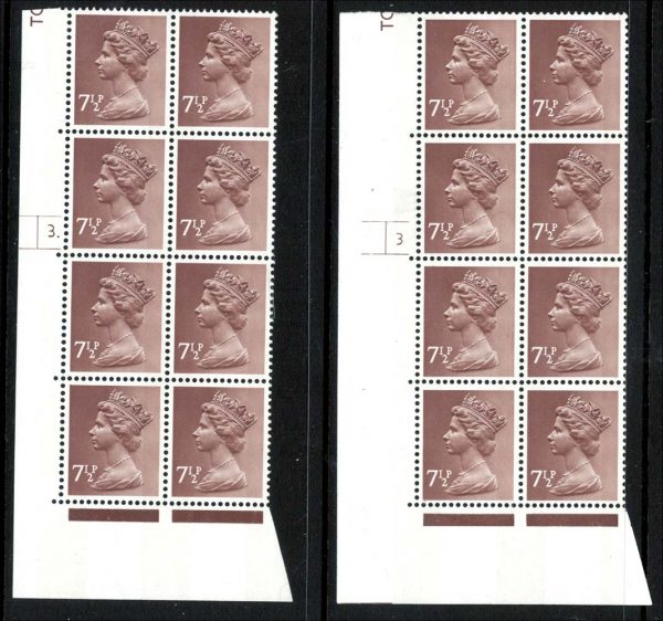GB Machin cyl blocks  7½p PVAD cyl 3 no dot p7 cyl blk of 8, ditto dot cyl