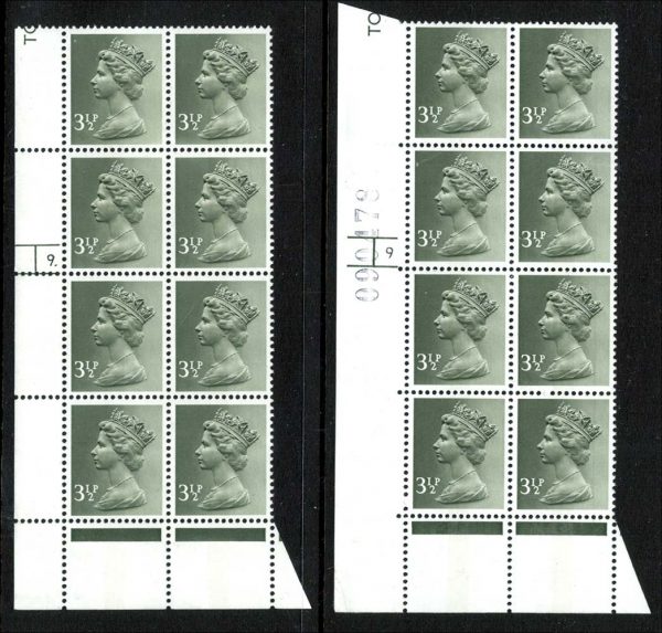 GB Machin cyl blocks  3½p PVAD CB cyl 9 p20, ditto 9 dot, blks of 8