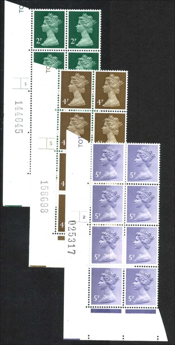 GB Machin cyl blocks  2p OCP/PVA cyl 5 no dot phosphor P2s2 blk of 8, ditto 4p +