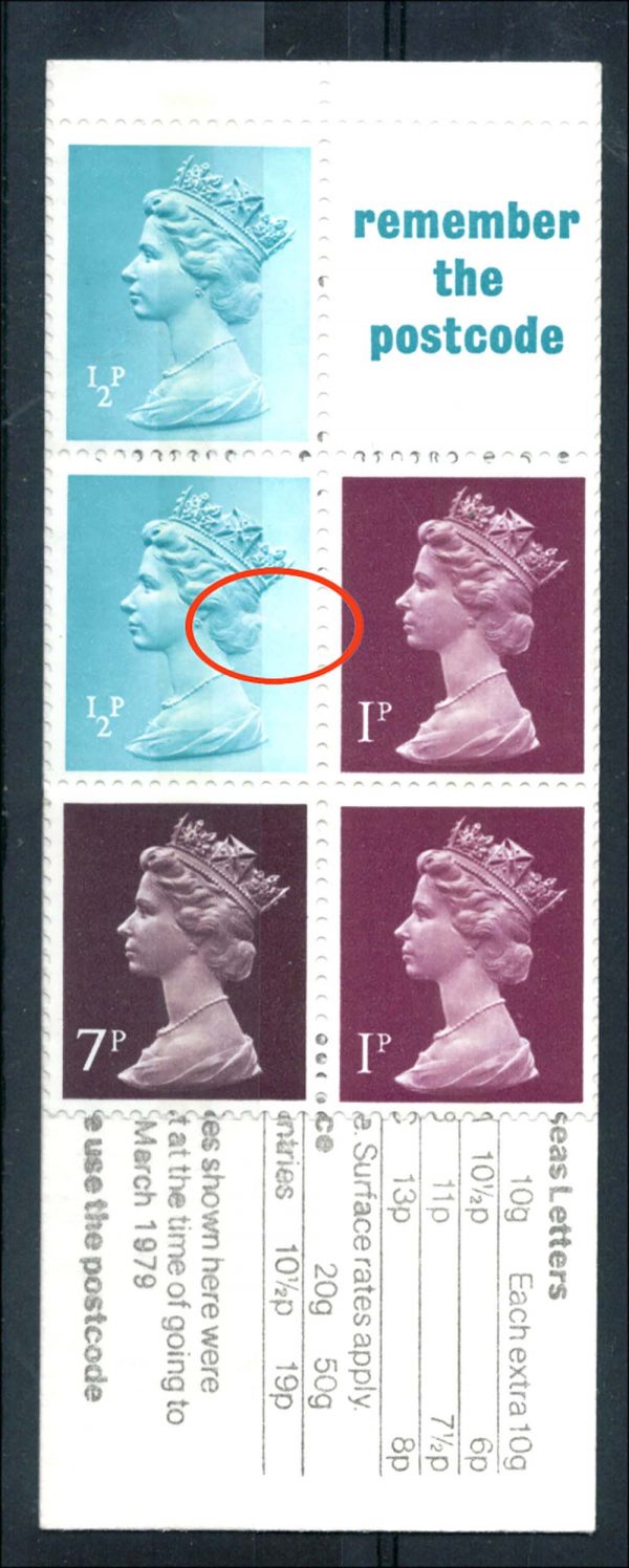 GB 1979 Machin 10p Sussex booklet with r2/1 scratch from hair to frame um, good perfs UMFB7f
