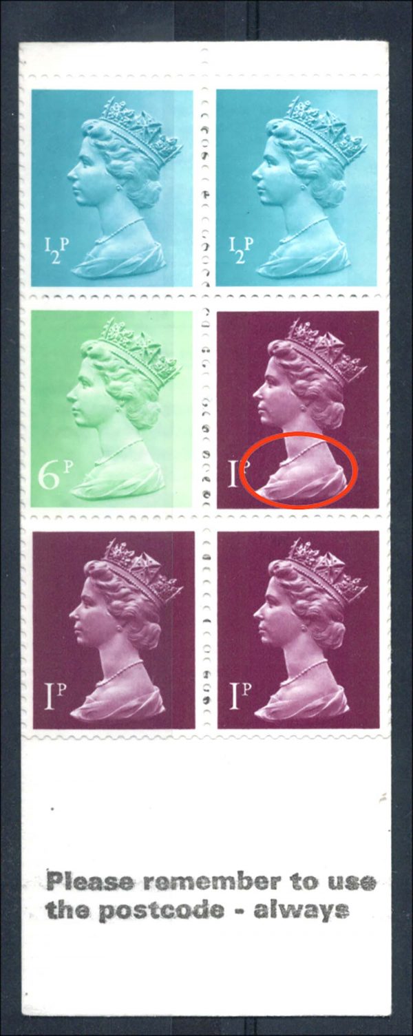 GB 1977 Machin 10p June 77 booklet r2/2 blue dots on shoulder um good perfs
