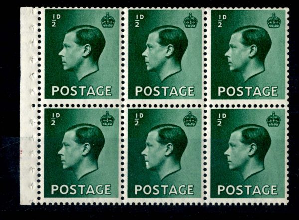 GB 1936 ½d booklet pane of 6 perf E um wmk upright good perfs