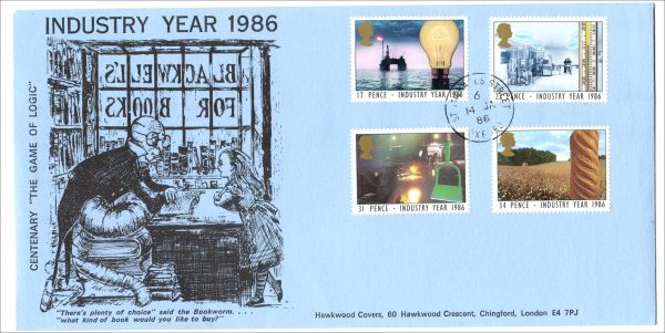 GB 1986 Industry Year FDC, fine Hawkwood Blackwood Books cover, Oxford cds