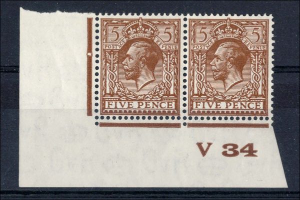 GB 1924 5d deep bright ochre-brown sg425var Spec N40(5) f mint V34 corner pair,