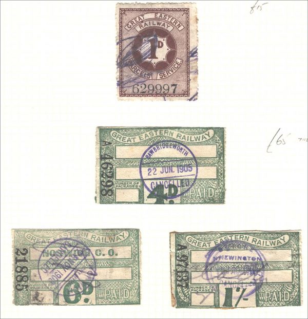 GB Railway  Great Eastern Railway 1d, 4d, 6d, 1s Parcel stamps used