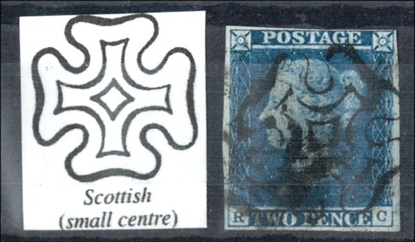 GB 1841 2d blue plate 3 RC, 4 close-good margins, vgu Scottish (small centre) MX