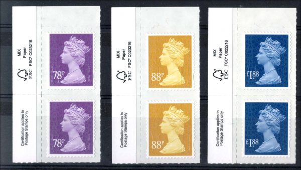 GB 2013 Machin 78p, 87p, £1.88 in marginal pairs with FSC paper code, um all code M13L