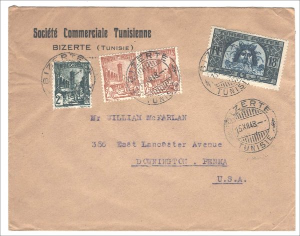 Tunisia 1948 Neat cover to USA, franking incl 18f Neptune sg307 Bizerte cds
