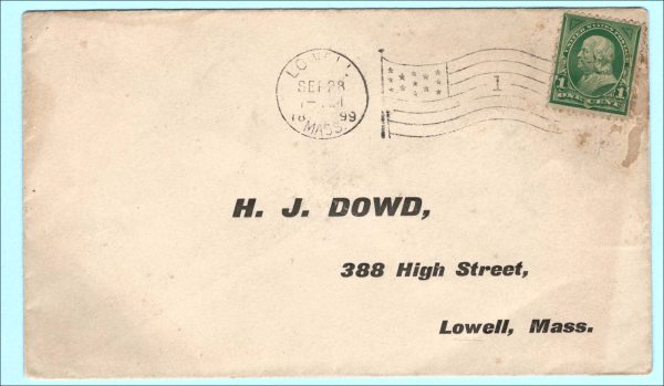 USA 1899 1c Washington on local cover LOWELL, Mass #1 flag cancel