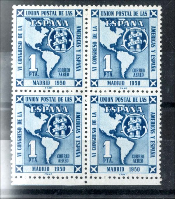 Spain 1951 Spanish-American Postal Union 1p, sg1156, um blk of 4 c£38