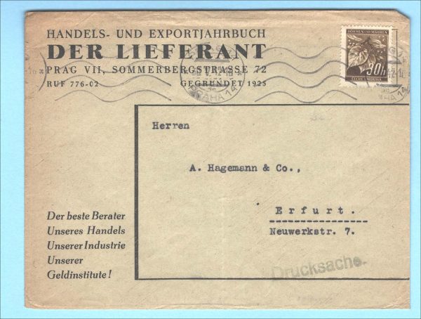 Czechoslovakia 1942 Bohemia Moravia 30h fu on printed commercial cover to Erfurt