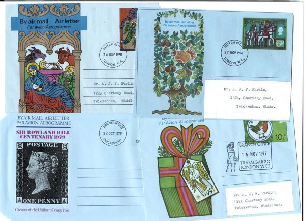 GB 1974 Christmas 6p Airletter cancelled 1st day, ditto 1975, 1977 & 1979 Rowland Hill, rarely seen FDC
