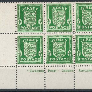 Jersey 1942 Arms ½d greyish paper imprint corner blk of 6 um c£80